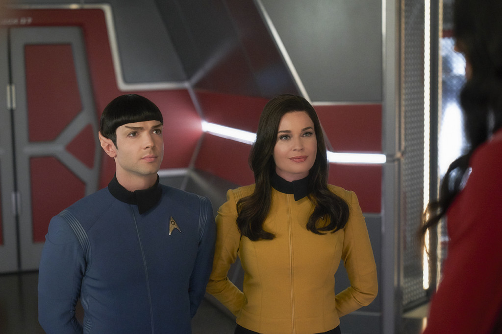 "Ask Not" -- Episode SF #006 -- Pictured (l-r): Ethan Peck as Spock; Rebecca Romijn as Number One of the the CBS All Access series STAR TREK: SHORT TREKS. Photo Cr: Russ Martin/CBS ©2019 CBS Interactive, Inc. All Rights Reserved.